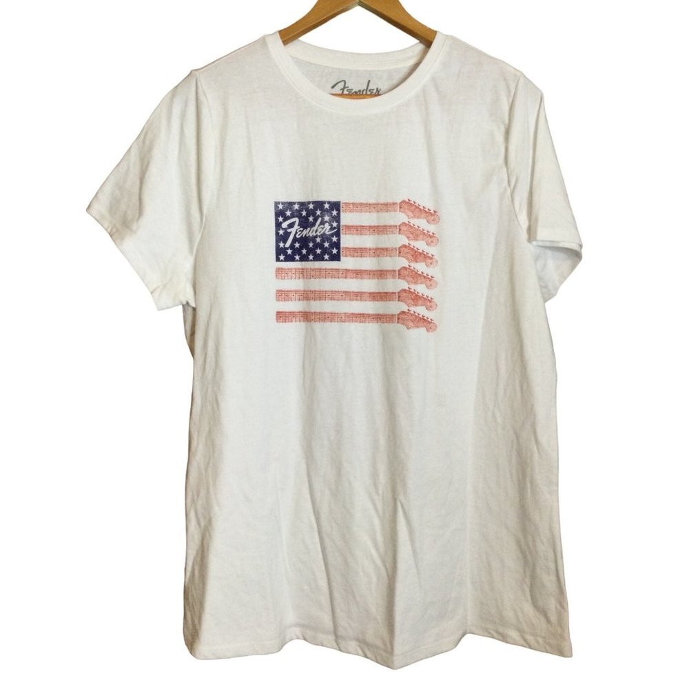 Fender Womens Guitar T-Shirt Flag Graphic Print Round Neck Pullover White Size 1